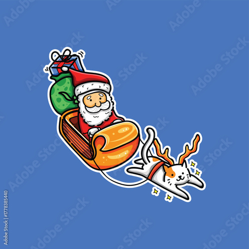 A playful Christmas illustration featuring Santa in a red sleigh with a green sack of gifts and a joyful cat with deer horn. Bright colors