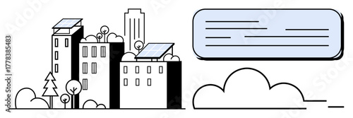 City buildings with solar panels, surrounded by trees and clouds, represent renewable energy and green technology. Ideal for sustainability, eco-friendliness, urban planning, clean energy