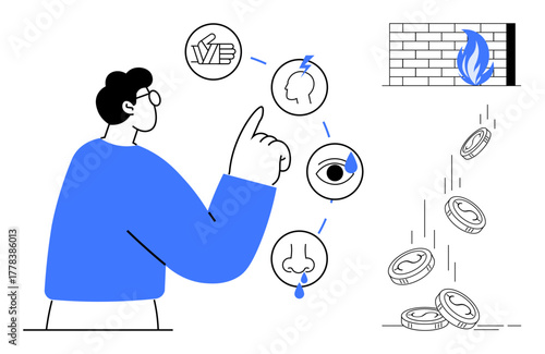 Man engaging with senses icons and observing coins falling near a flaming brick wall. Ideal for topics on choices, priorities, waste, senses, personal finance, decision-making, and loss. Simple flat