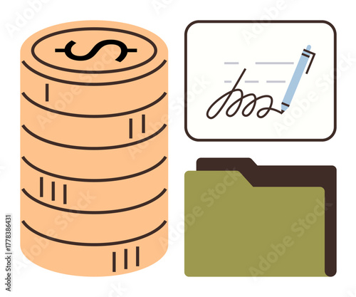 Stack of coins, signed document with a pen, and file folder illustrating finance, contracts, savings, investments, business deals, accounting, and legal agreements in a simple flat metaphor