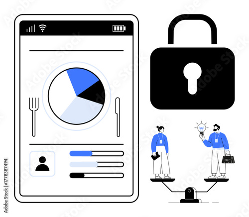Mobile dashboard with pie chart, lock icon emphasizing privacy, team discussing idea, balance scale symbolizing fairness. Ideal for data security, teamwork, innovation, analytics, technology