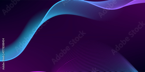 Abstract background with glowing lines. Dark horizontal background of wavy bright blue pink lines. Modern technology futuristic concept, abstract wavy lines background.