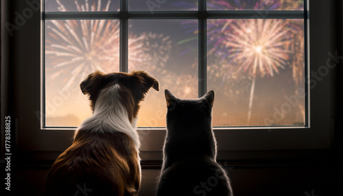 Silhouette of a dog and a cat sitting side by side near a large window, gazing out at bright fireworks illuminating the night sky. A soft glow from the fireworks reflects on their fur 