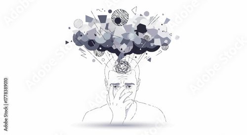 Vector illustration of a person overwhelmed by chaotic thoughts, their head exploding into a cloud of abstract shapes representing stress and anxiety
