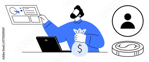 Man holding money bag and interacting with digital charts, coin, laptop, and avatar icon. Ideal for finance, investment, budgeting, analytics data management economy business strategy. Simple flat