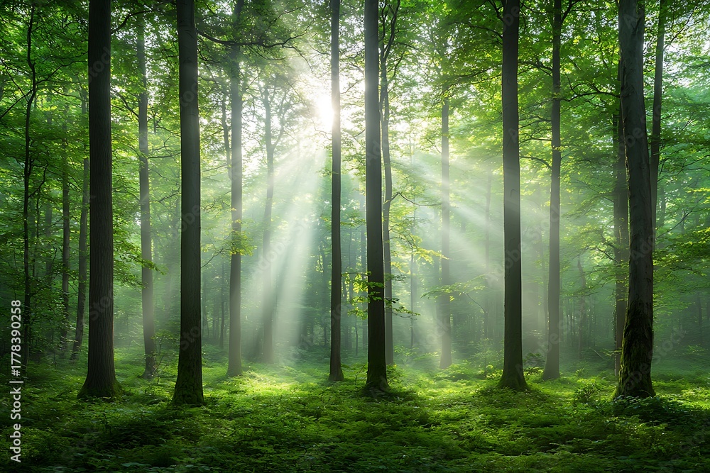 Obraz premium Serene Forest with Sunlight Filtering Through Tall Trees and Lush Green Underbrush