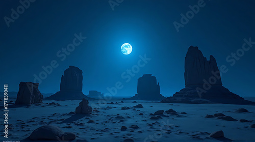 A full moon illuminates the desert landscape with rock formations under a dark blue night sky, creating a serene and surreal atmosphere.