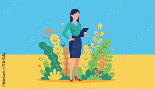 Confident businesswoman with clipboard surrounded by vibrant nature symbolizing business growth and environment