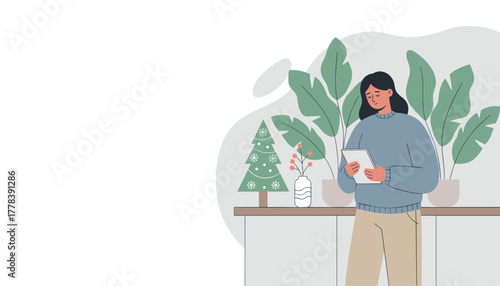 Sad woman uses tablet during holidays feeling lonely or depressed Mental health winter isolation