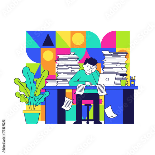Overwhelmed worker faces massive workload and burnout in office Vector illustration