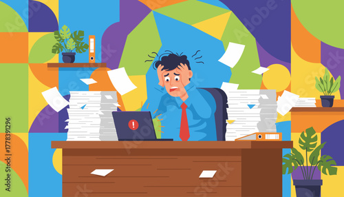Stressed employee overwhelmed by excessive paperwork and office deadlines Burnout concept