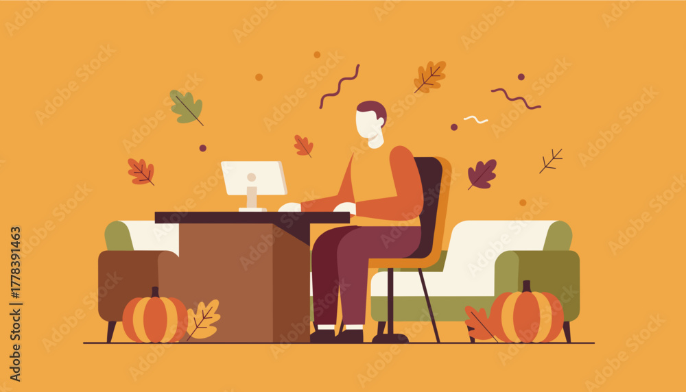 Fototapeta premium Autumn productivity flat design illustration of person working at desk with fall decor