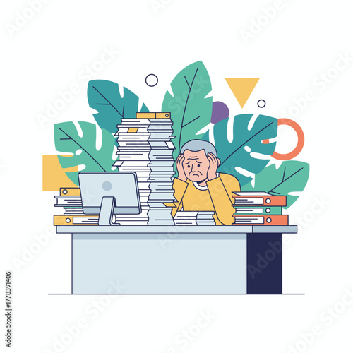Stressed senior man overwhelmed by a massive pile of paperwork and office workload