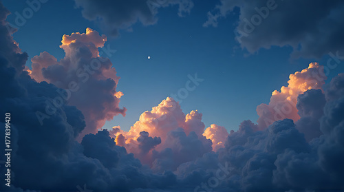 Dramatic clouds fill the sky, illuminated by golden sunlight against a deep blue backdrop, creating a serene and ethereal atmosphere.