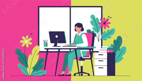 Professional woman working on computer at a vibrant desk Remote office and digital business illustration
