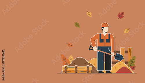 Construction worker with shovel doing autumn ground work Flat vector illustration