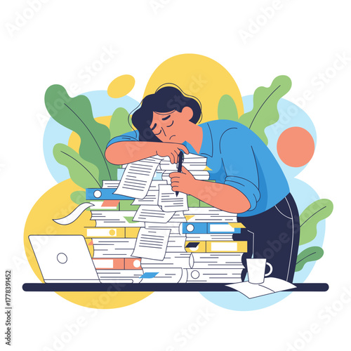 Burnout Overworked woman sleeps on massive paperwork pile Stressful job concept