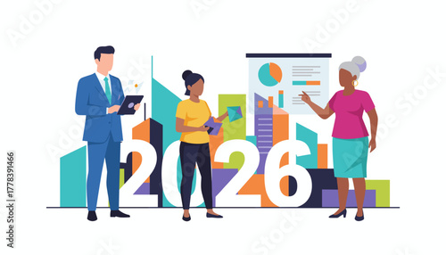 Diverse team plans 2026 business goals analyzing market data and future trends