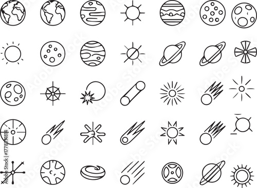 Space, Planets, and Celestial Objects Outline Icon Collection.