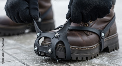 Close-up of gloved hands attaching black ice cleats with metal spikes to a brown winter boot for enhanced traction on icy ground.