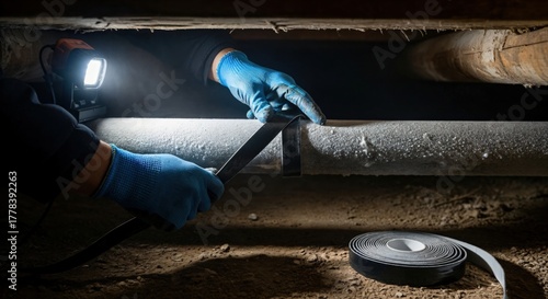 Worker in blue gloves using a flashlight to apply insulation tape to a dusty pipe in a dark crawl space or basement, performing maintenance or repair.