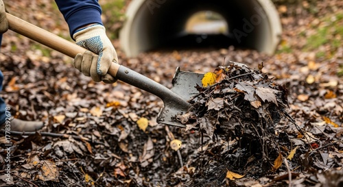 Wallpaper Mural Person in work gloves shoveling wet autumn leaves and mud from a drainage ditch near a concrete culvert, performing outdoor cleanup and maintenance. Torontodigital.ca