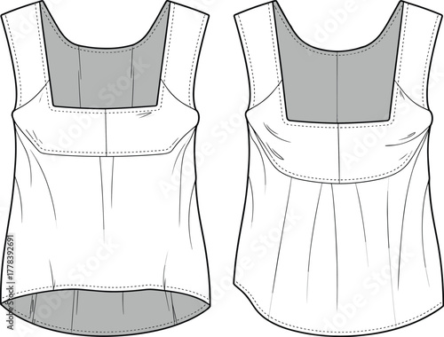 Women sleeveless top flat sketch, square neckline blouse design template, fashion vector drawing, apparel illustration
