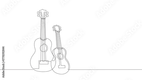 Continuous line drawing of a couple of ukulele guitars - vector linear monochrome style image.