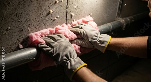Adult person wearing work gloves insulating a metal pipe with pink fiberglass insulation against a concrete wall in a dimly lit utility area.
