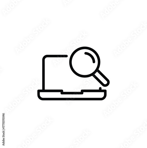 Iconic Laptop Search Symbol Represents Digital Investigation and Information Retrieval on the Internet for Website Usability Analysis and System Troubleshooting with Magnifying Glass Iconographic