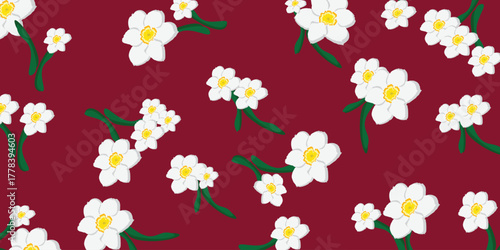 Seamless Narcissus Flower Pattern with White Floral Elements on Red Background. Seamless floral pattern featuring small white narcissus flowers with yellow centers on a bold red background.