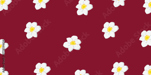 Seamless Narcissus Petals Pattern with White Floral Elements on Red Background. Seamless floral pattern featuring small white narcissus flowers with yellow centers on a bold red background.