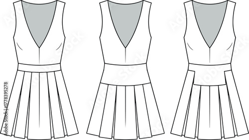 Sleeveless pleated dress fashion flat sketch, women’s V-neck dress design template, apparel vector illustration, clothing outline