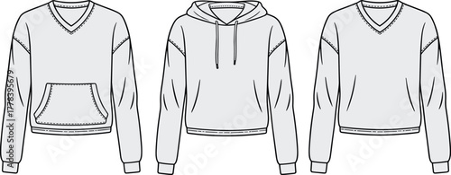Hoodie sweatshirt fashion flat sketch, casual pullover design template, vector apparel illustration, clothing technical drawing, unisex top