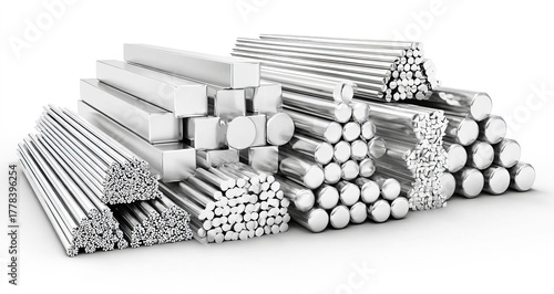 A collection of metallic rods and bars in various shapes and sizes, stacked neatly against a white background.