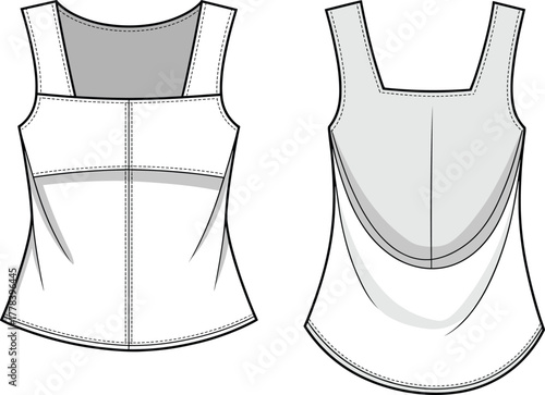 Women tank top fashion flat sketch, sleeveless blouse technical design, apparel vector template, clothing illustration, garment drawing
