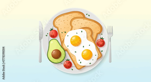 Healthy breakfast illustration sunny-side up eggs, golden toast, fresh avocado, and ripe cherry tomatoes on a plate