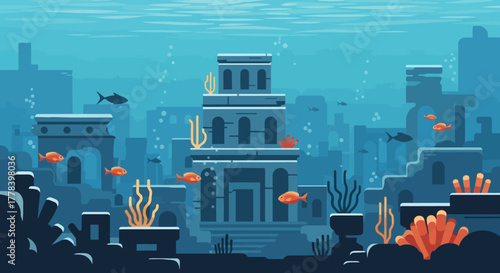 Underwater ancient city ruins with fish and coral reefs.
