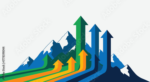 Upward Arrows Representing Growth and Success Over a Mountain Range.
