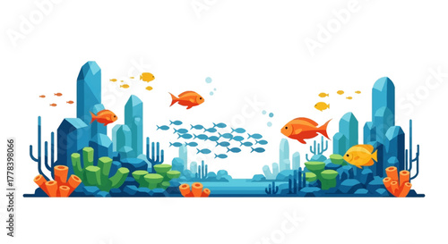 Underwater coral reef scene with colorful fish swimming around.
