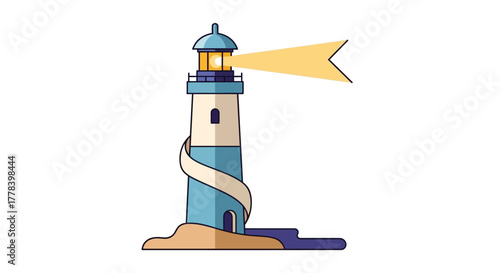 Blue and white lighthouse shining a beam of light.