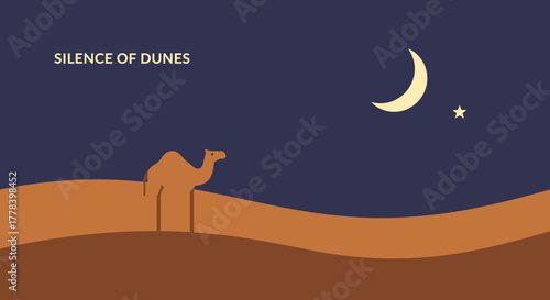 Camel Silhouette Under Crescent Moon in Desert Night.