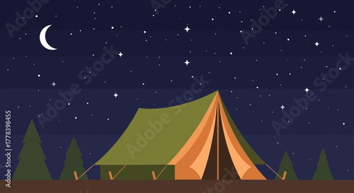 Camping Tent Under Starry Night Sky with Moon.