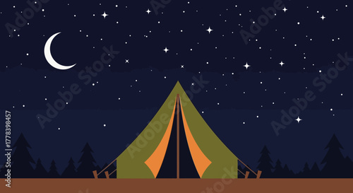 Camping tent illuminated under a starry night sky with a crescent moon.