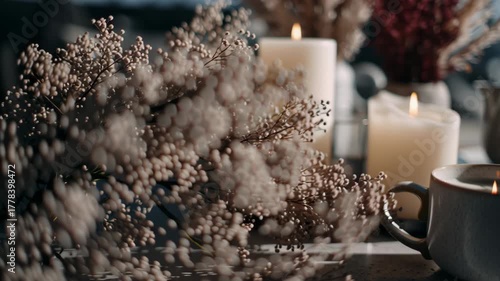 A white coffee cup with a candle in it sits on a table. There are also candles. Close-up of candle cluster near lifestyle coffee ritual setup, gentle sophisticated modern vibe, hanukkah in modern life