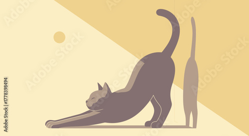 Cat stretching in the sunlight, minimalist illustration.