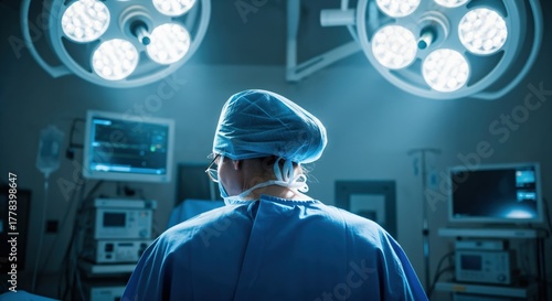 Rear view of a surgeon in blue scrubs and cap, standing in a sterile operating room under bright surgical lights, with medical monitors in the background.