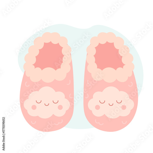 Pink cloud slippers with smiling sleepy faces, cloud slippers radiating warmth and coziness, cloud design evoking soft dreamy comfort, perfect for relaxing evenings, self-care visuals 