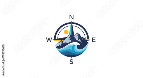 Compass with Mountain and Ocean Waves Logo Design.