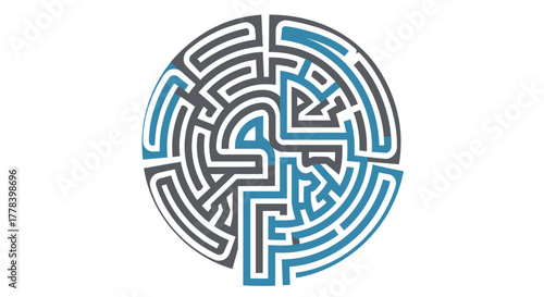 Complex circular labyrinth puzzle isolated on a white background.